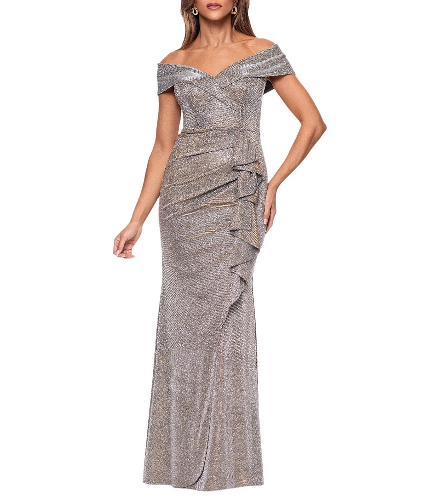 Xscape Off the Shoulder Ruffle Front Glitter Knit Gown