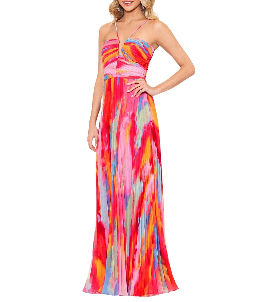 Xscape Petite Size Abstract Print Pleated Chiffon Halter Neck Sleeveless Maxi Dress