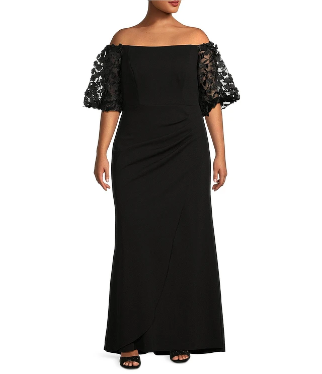 Xscape Plus Size 3D Floral Applique Scuba Crepe Off-the-Shoulder Short  Puffed Sleeve Sheath Gown | Liberty Center