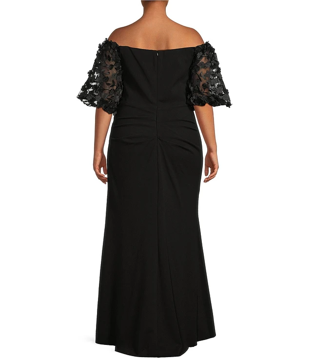 off the shoulder 3d floral sleeve scuba crepe evening dress Off the Shoulder Midi Scuba Dress with Side Cascade main image 0