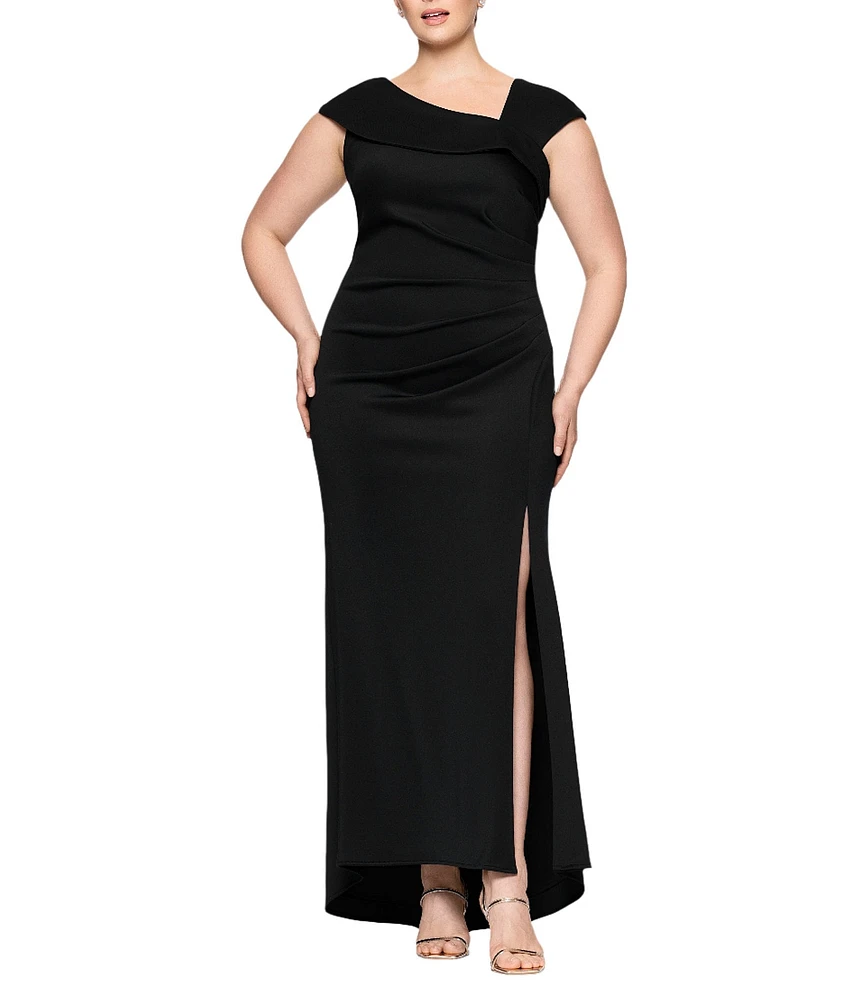 Xscape Plus Size Asymmetrical Neck Short Sleeve Sheath Gown