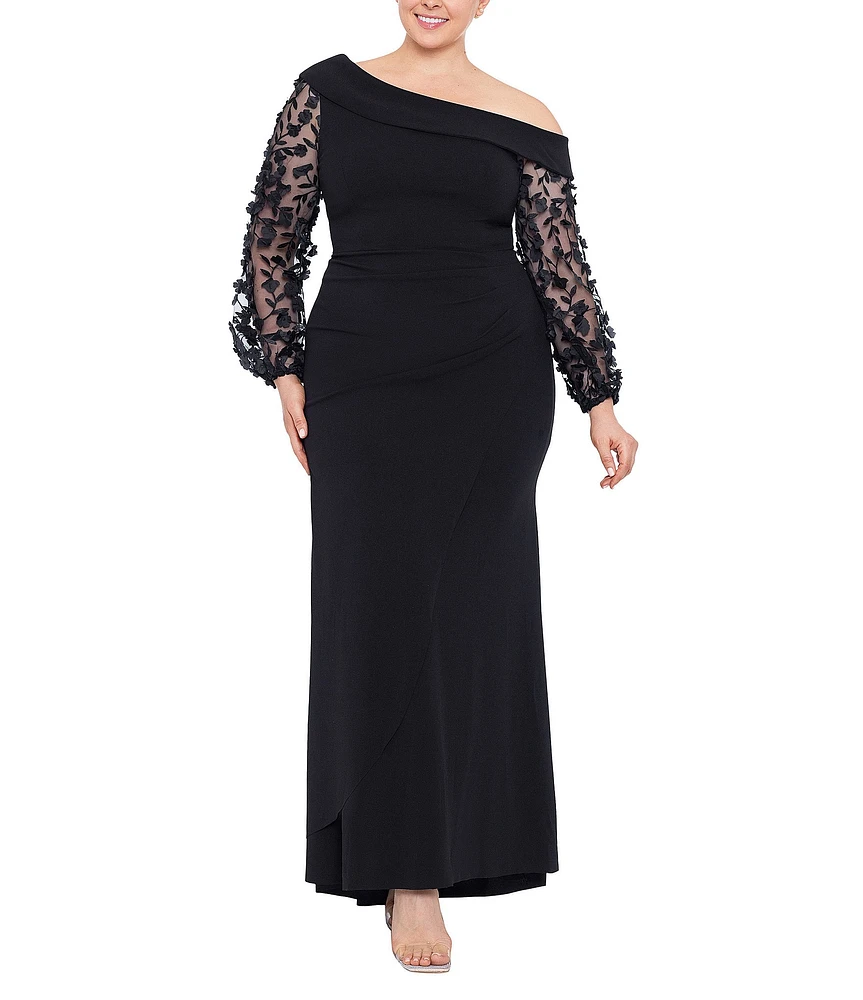 Xscape Plus Size Long Sleeve Asymmetrical Neck 3D Flower Long Scuba Crepe Dress