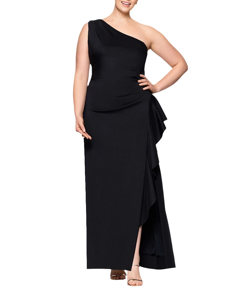 Xscape Plus Size One Shoulder Side Ruffle Scuba Crepe Gown