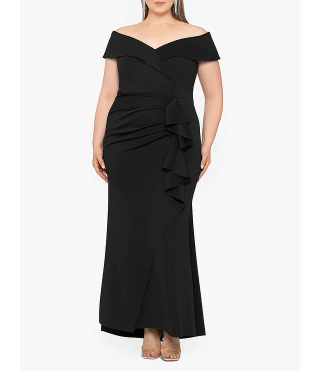 dillards plus size long dresses R & M Richards Plus Size Metallic Foil Print Moonlight Sheer Knit Sleeveless Long Dress at Hamilton Place in Chattanooga, TN