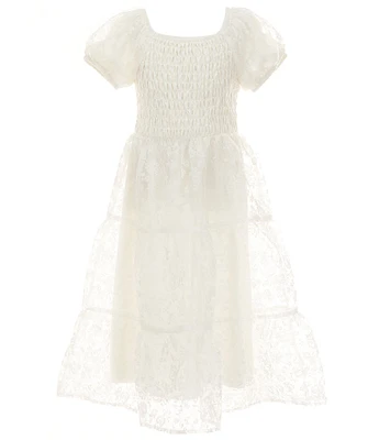 Xtraordinary Big Girls Puffed-Sleeve Floral/Clip-Dotted Organza Midi Dress