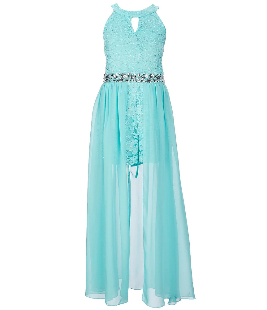 Xtraordinary Big Girls Sleeveless Cut-Out Jeweled Waist Chiffon Walk-Through Glitter Lace Romper