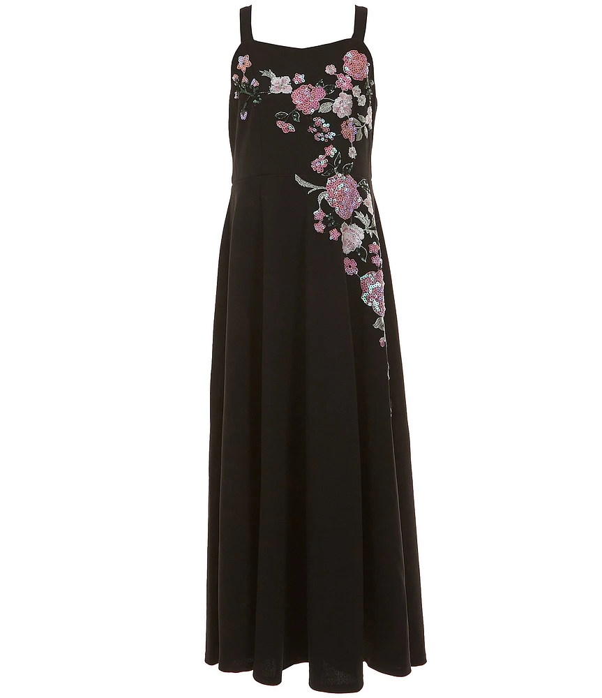 Xtraordinary Big Girls Sleeveless Rose-Embroidered-Applique Scuba Crepe Long Dress
