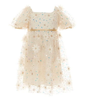Xtraordinary Little Girls Short Sleeve Floral-Embroidered Mesh A-Line Dress