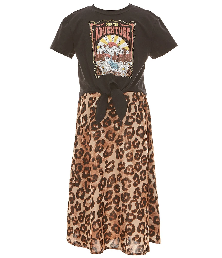 Zunie Big Girls Animal-Printed Fit & Flare Midi Dress & Short Sleeve Solid Graphic T-Shirt Set