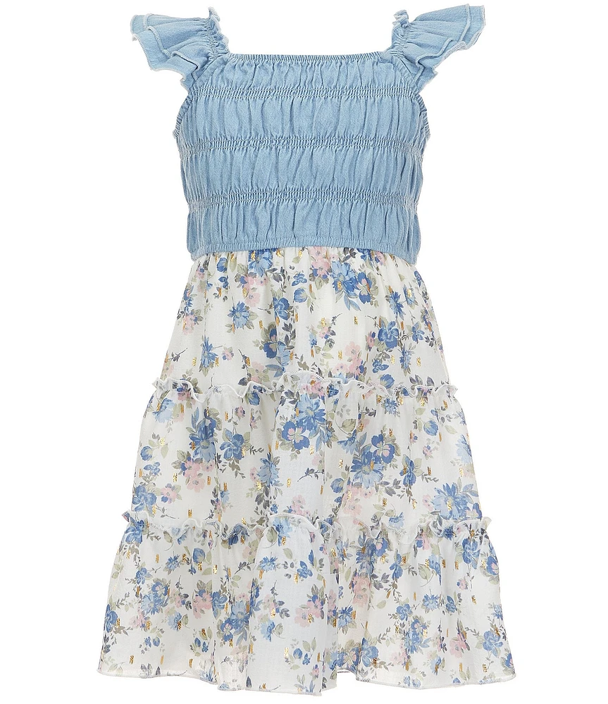 Zunie Big Girls Flutter-Sleeve Smocked Denim Bodice/Foiled/Floral-Printed Tutu-Skirted Dress