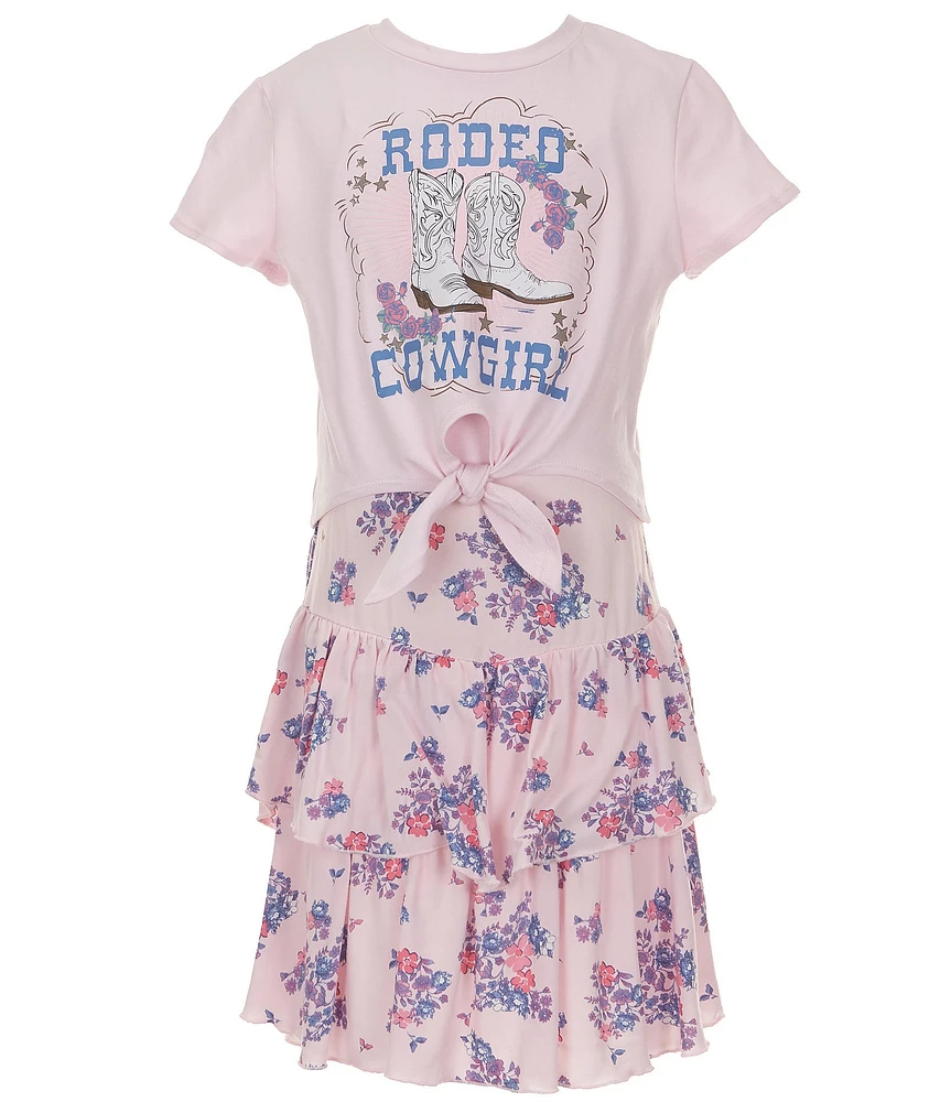 Zunie Big Girls Sleeveless Floral-Printed Challis Long Dress & Short Sleeve Cowgirl Rodeo T-Shirt Set