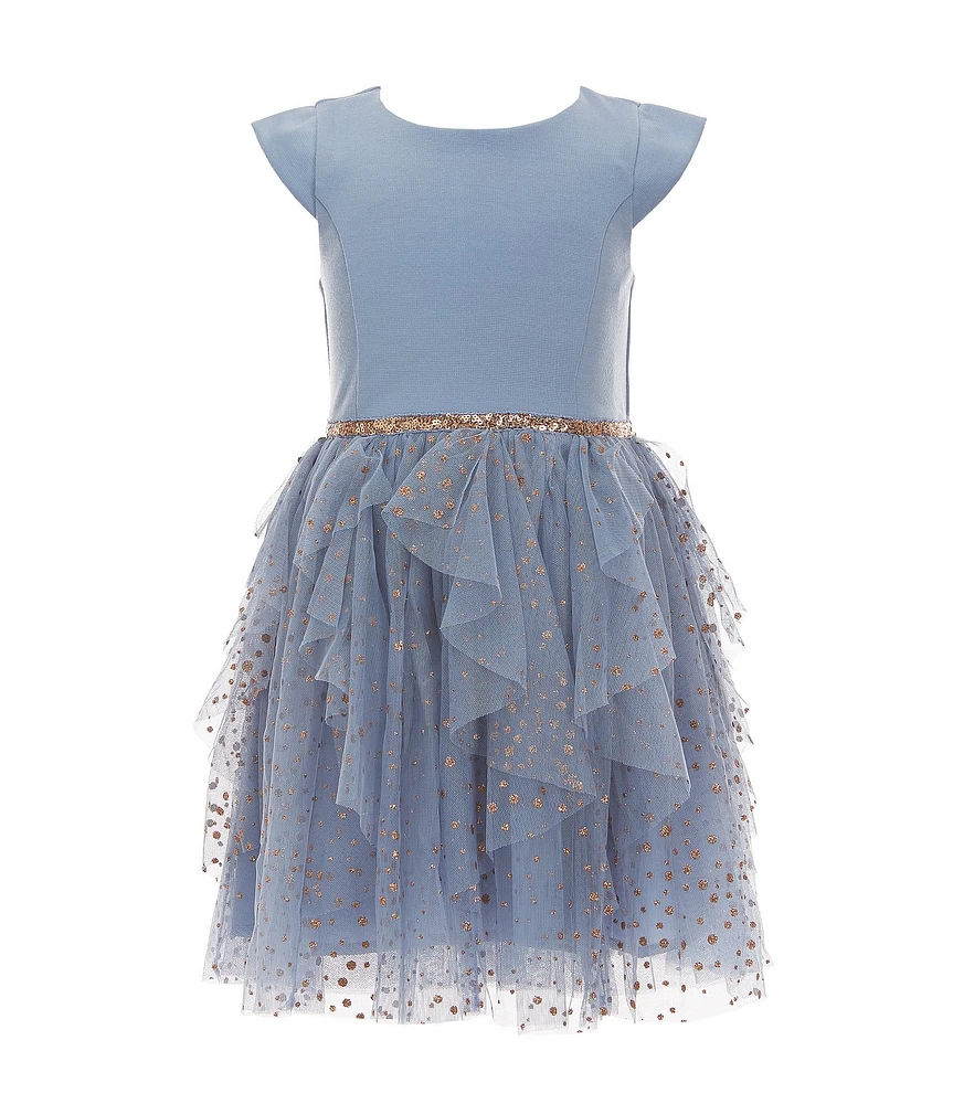 Zunie Little Girls Short-Sleeve Ponte-Bodice/Glitter-Accented Cascading Mesh-Skirted Fit-And-Flare Dress