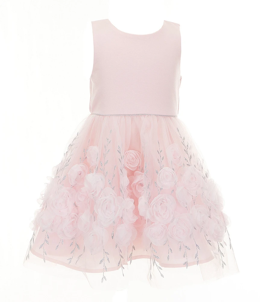 Zunie Little Girls Sleeveless Solid Ponte Bodice/Rosette-Appliqued Mesh Fit-And-Flare Dress