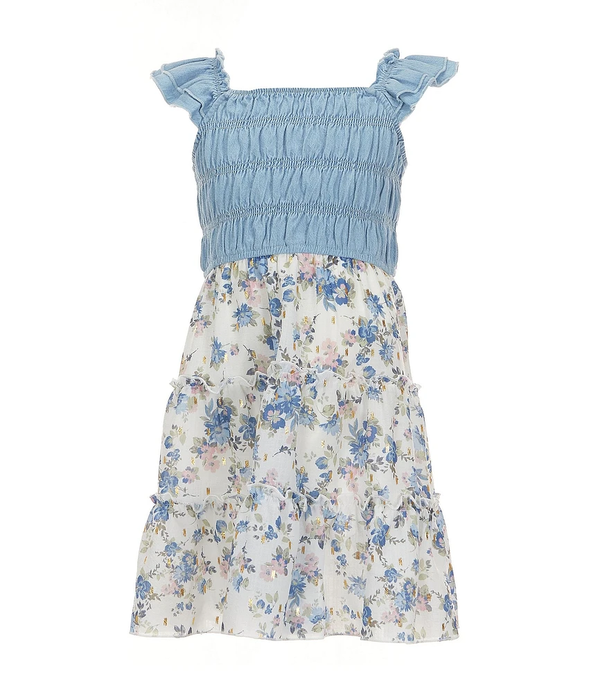 Zunie Little Girls Flutter-Sleeve Smocked Denim Bodice Foiled Floral Printed Tutu Skirted Dress