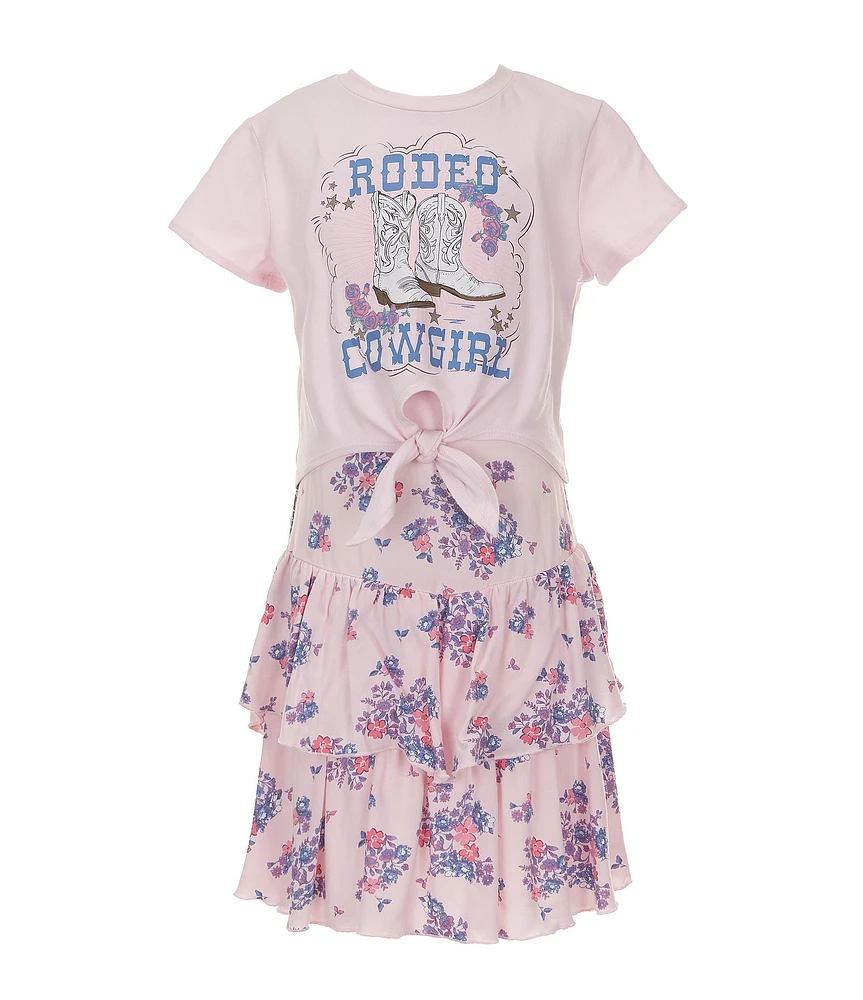 Zunie Little Girls Sleeveless Floral-Printed Challis Long Dress & Short-Sleeve Cowgirl Rodeo T-Shirt Set