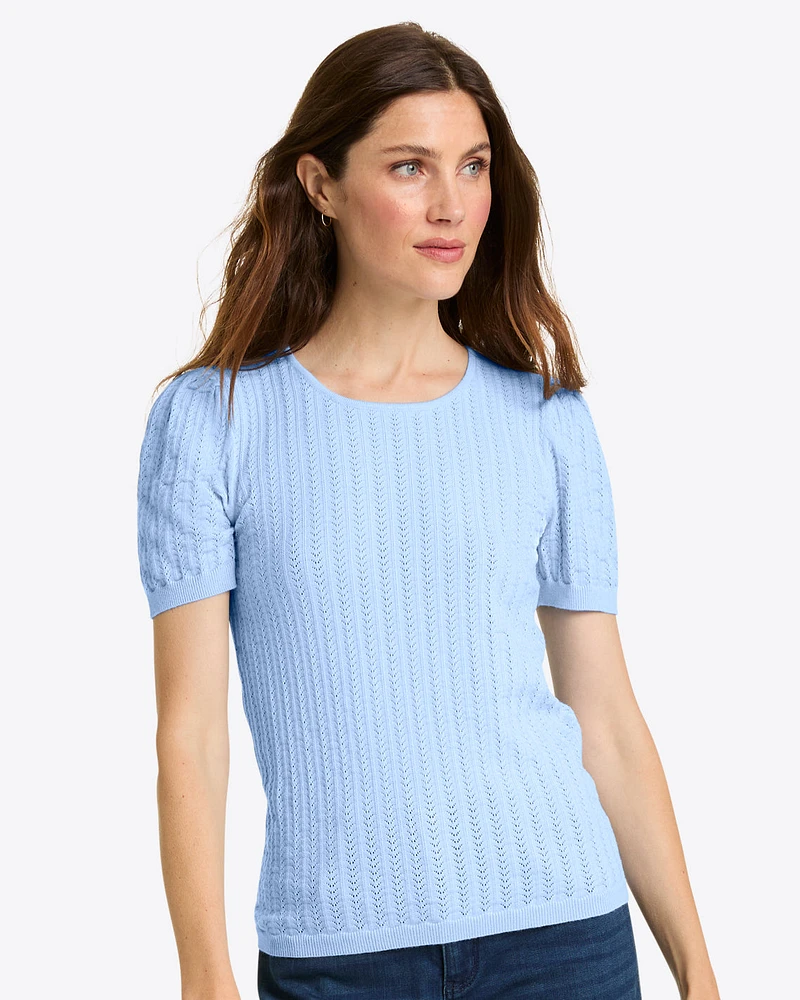 Short Sleeve Sweater Blue Pointelle