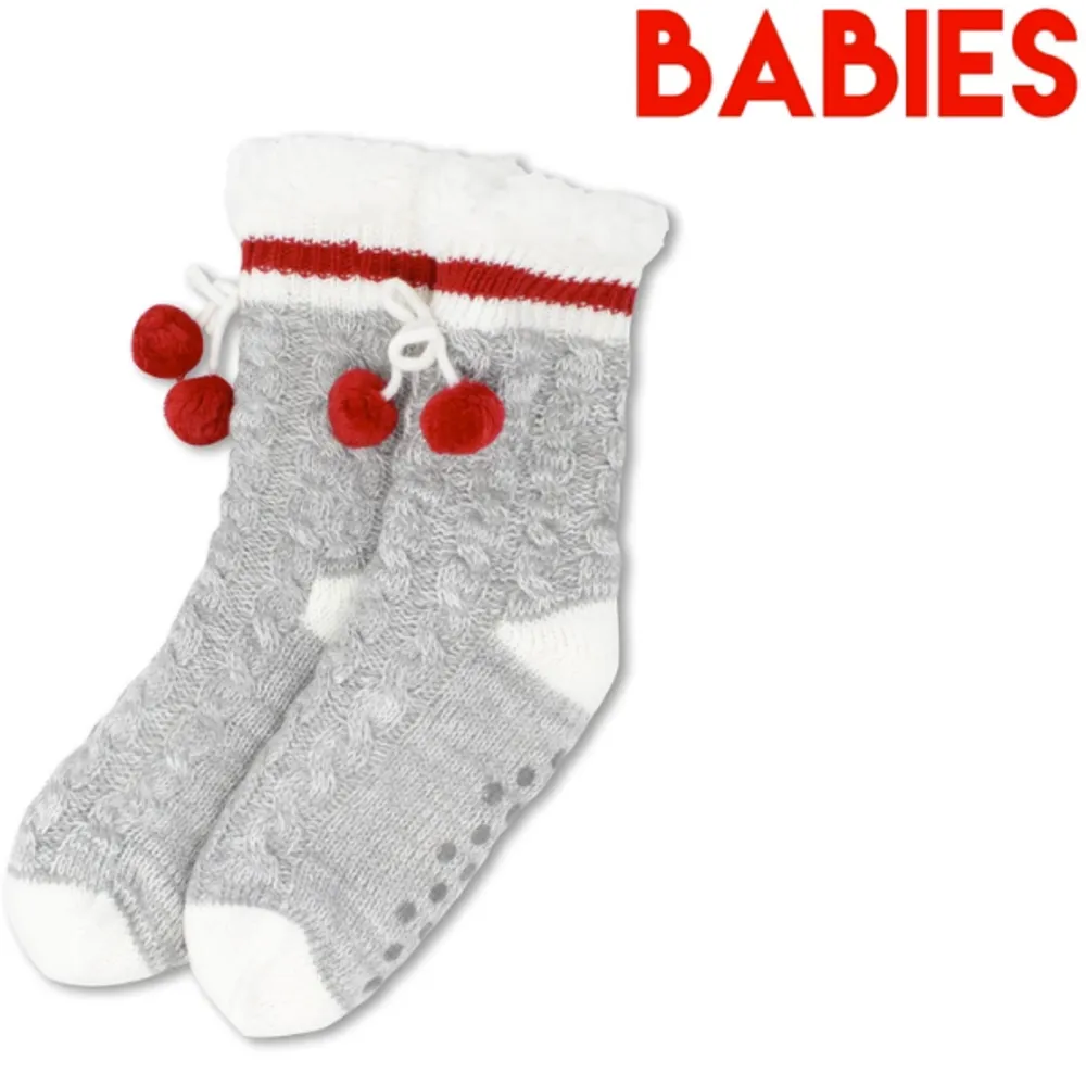 Babies' Grey Canada Classic Warm Socks w/Pom-Poms