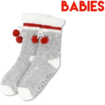 Babies' Grey Canada Classic Warm Socks w/Pom-Poms