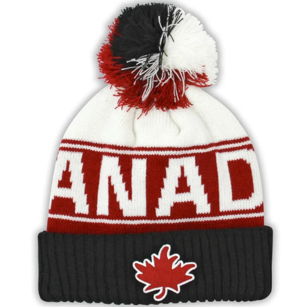 Cream Black and Red Athletic Maple Leaf Toque w/Pom-Pom