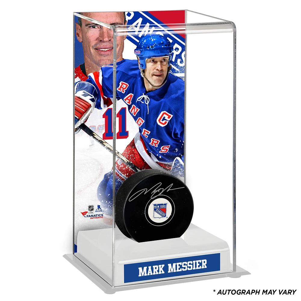 Mark Messier New York Rangers Autographed Puck with Deluxe Tall Hockey Puck Case