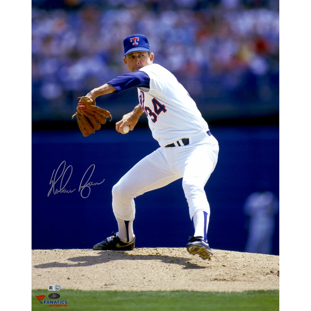 Nolan Ryan Texas Rangers Autographed 16'' x 20'' White Pitching with Ball in Hand Photograph