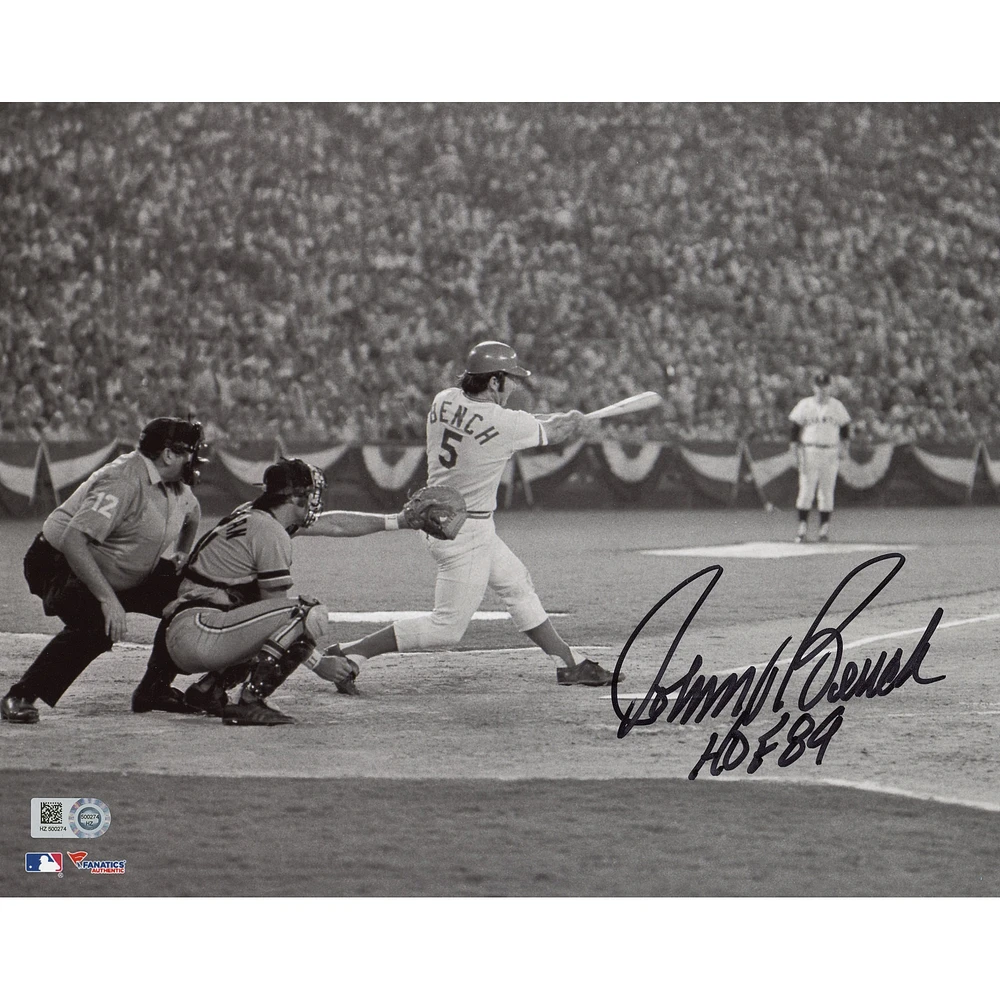 Johnny Bench Cincinnati Reds Autographed 8'' x 10'' Black & White Hitting Photograph with "HOF 89" Inscription