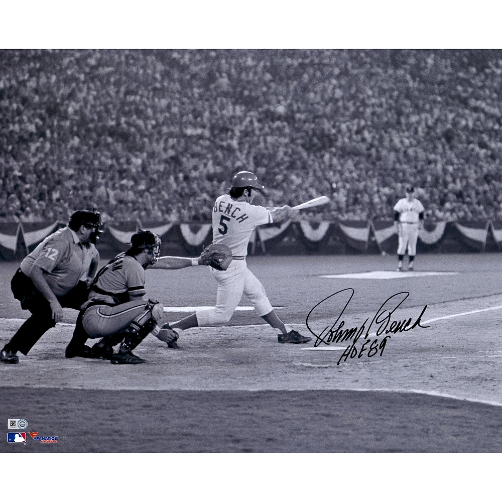 Johnny Bench Cincinnati Reds Autographed 16" x 20" Black & White Hitting Photograph with "HOF 89" Inscription