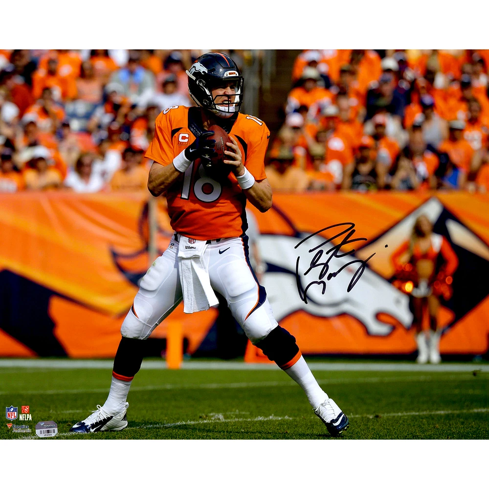 Peyton Manning Denver Broncos Autographed 16" x 20" Orange Jersey Drop Back Photograph