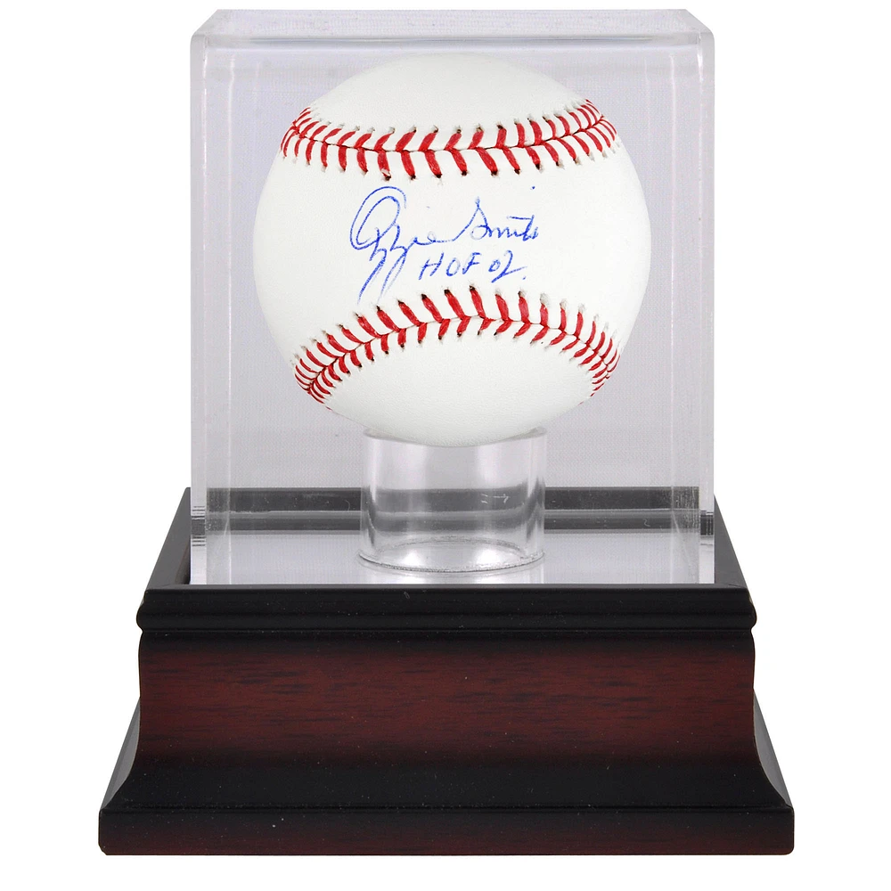Ozzie Smith St. Louis Cardinals Autographed Baseball with "HOF 02" Inscription and Mahogany Baseball Display Case