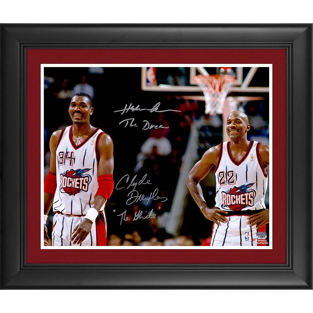 Hakeem Olajuwon Clyde Drexler Houston Rockets Framed Autographed 16" x 20" Photograph with The Dream and The Glide Inscriptions