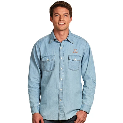 Men's Antigua Light Blue Virginia Cavaliers Chambray Long Sleeve Button-Up Shirt