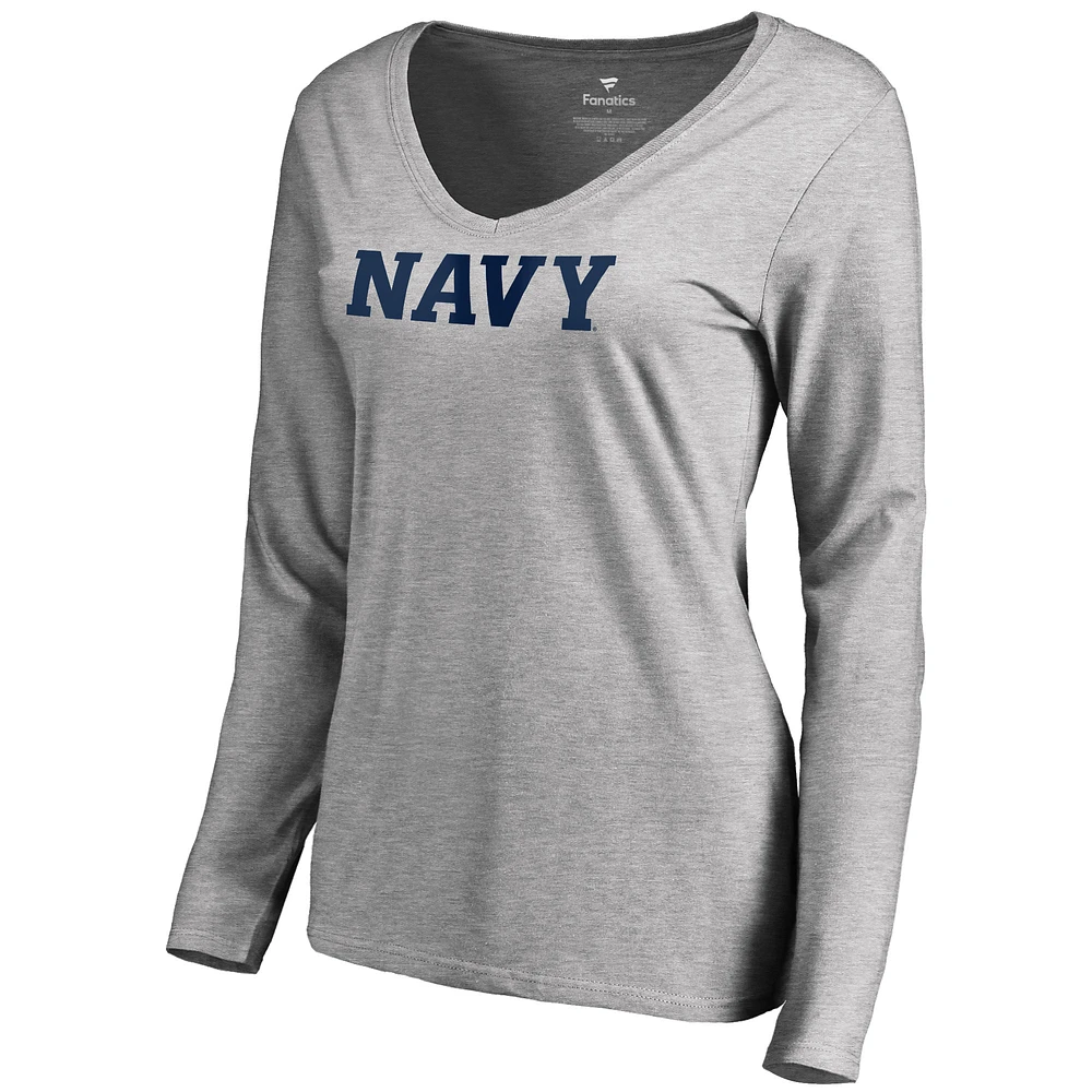 Women's Ash Navy Midshipmen Military Wordmark Long Sleeve T-Shirt