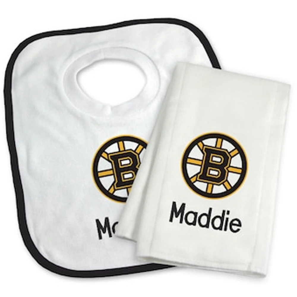 Newborn & Infant White Boston Bruins Personalized Bib & Burp Cloth Set