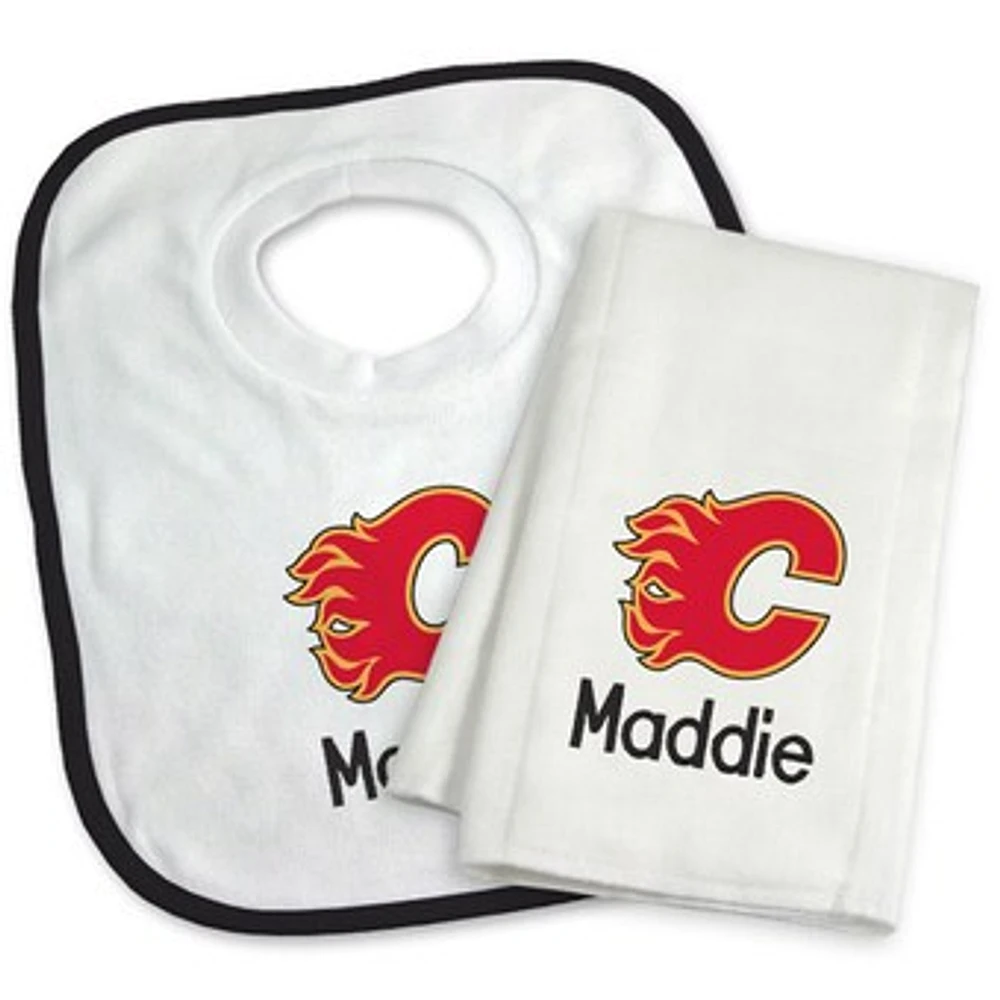 Newborn & Infant White Calgary Flames Personalized Bib & Burp Cloth Set