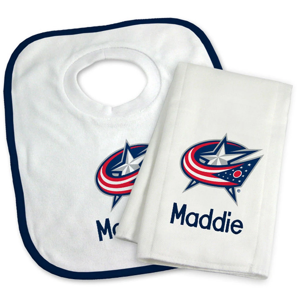 Newborn & Infant White Columbus Blue Jackets Personalized Bib & Burp Cloth Set