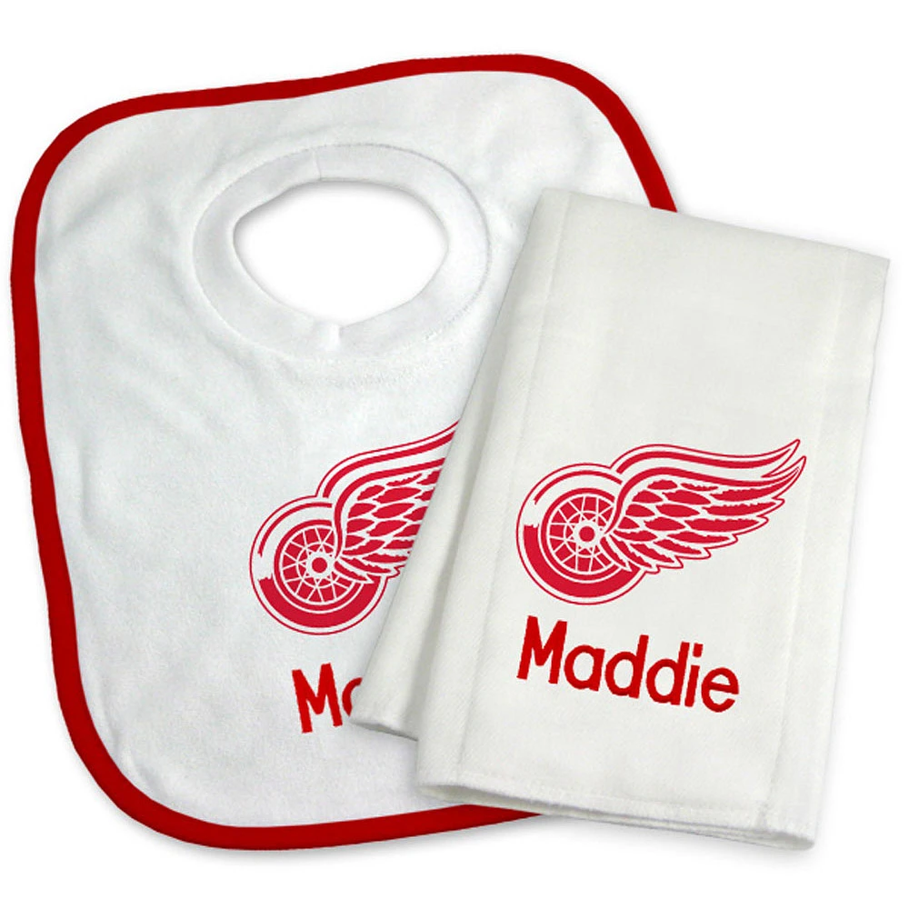Newborn & Infant White Detroit Red Wings Personalized Bib & Burp Cloth Set