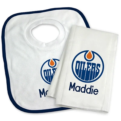 Newborn & Infant White Edmonton Oilers Personalized Bib & Burp Cloth Set