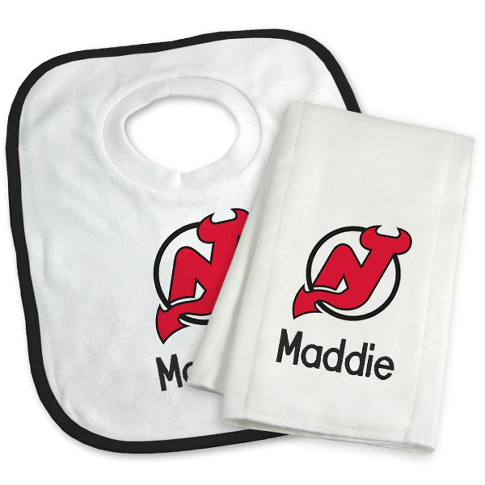 Newborn & Infant White New Jersey Devils Personalized Bib & Burp Cloth Set