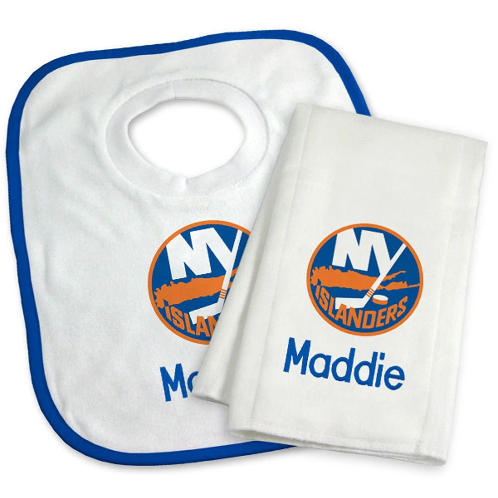 Newborn & Infant White New York Islanders Personalized Bib & Burp Cloth Set