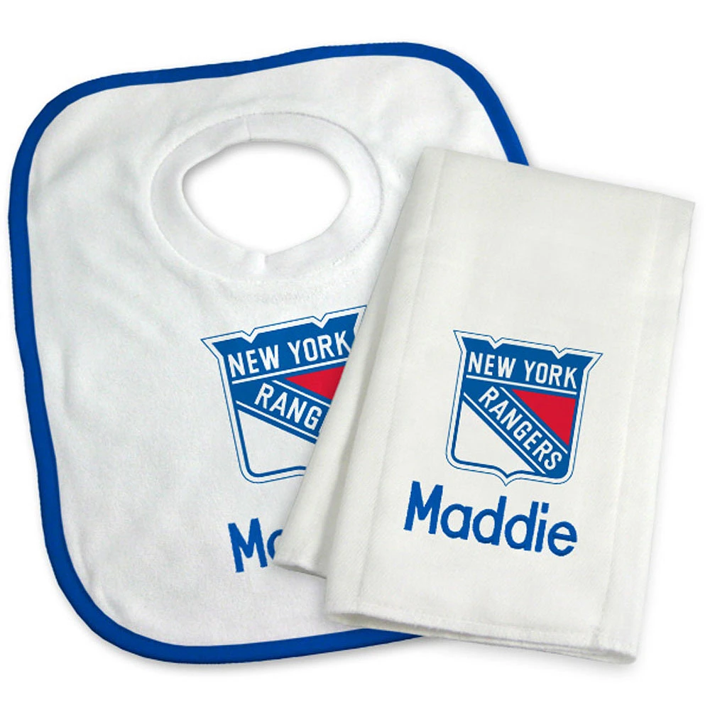 Newborn & Infant White New York Rangers Personalized Bib & Burp Cloth Set