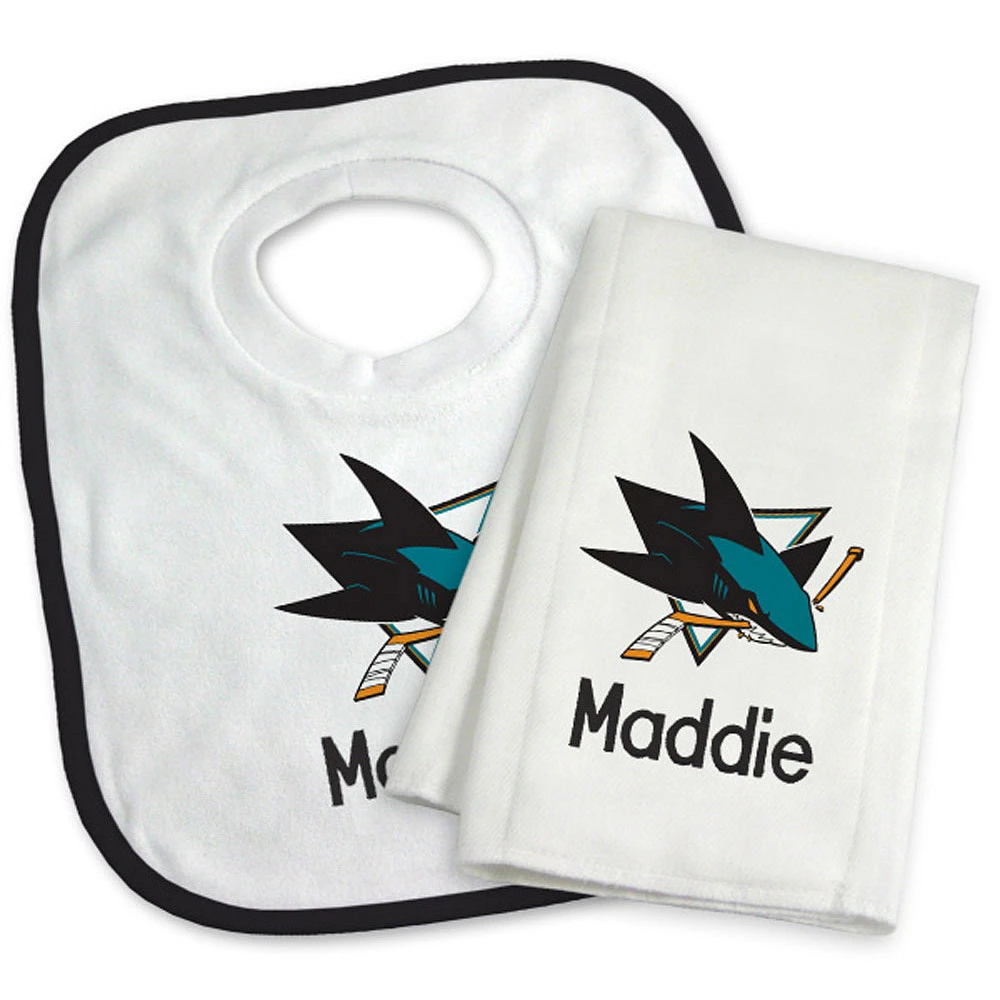 Newborn & Infant White San Jose Sharks Personalized Bib & Burp Cloth Set