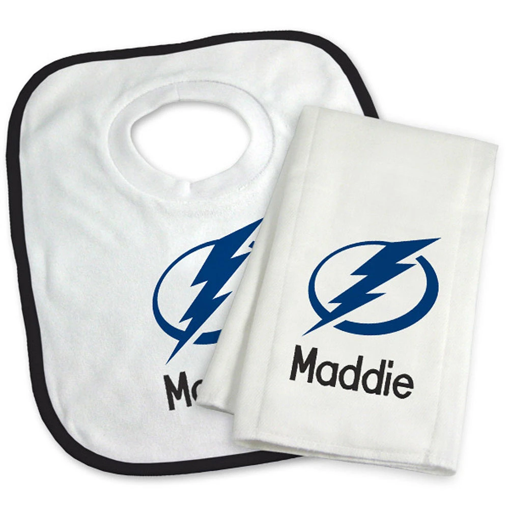 Newborn & Infant White Tampa Bay Lightning Personalized Bib & Burp Cloth Set