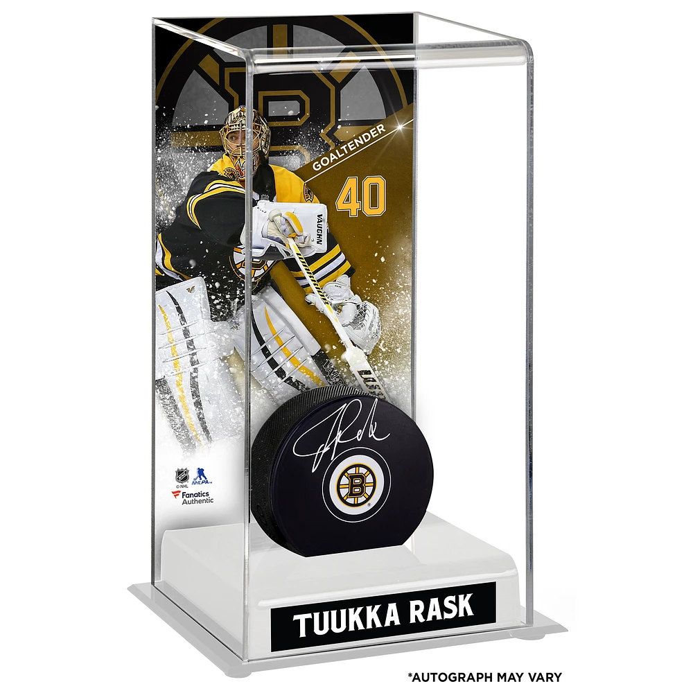 Tuukka Rask Boston Bruins Autographed Puck with Deluxe Tall Hockey Puck Case
