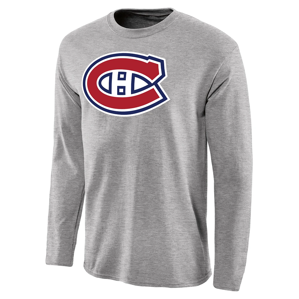 Men's Ash Montreal Canadiens Team Primary Logo 2 Long Sleeve T-Shirt