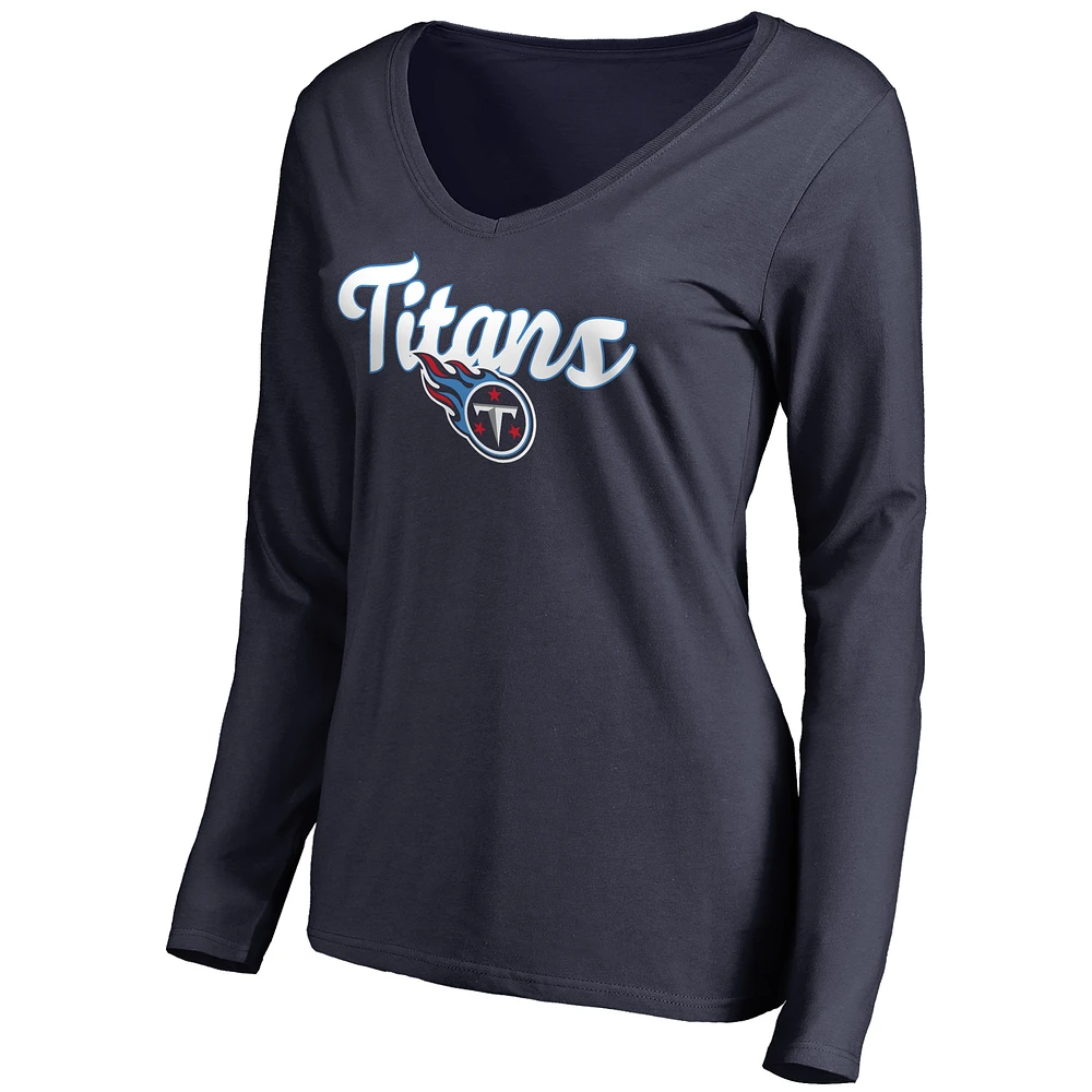 Women's Navy Tennessee Titans Freehand V-Neck Long Sleeve T-Shirt