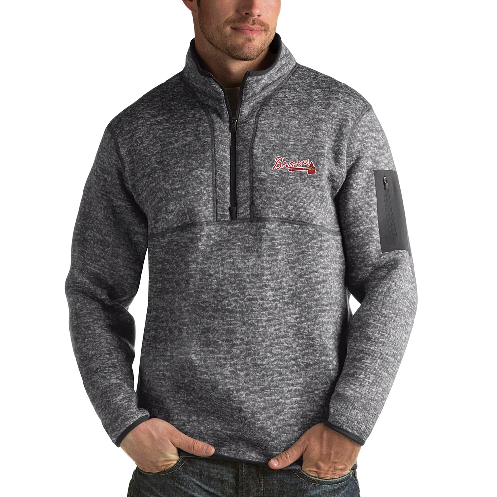 Men's Antigua Heathered Charcoal Atlanta Braves Fortune Half-Zip Sweater