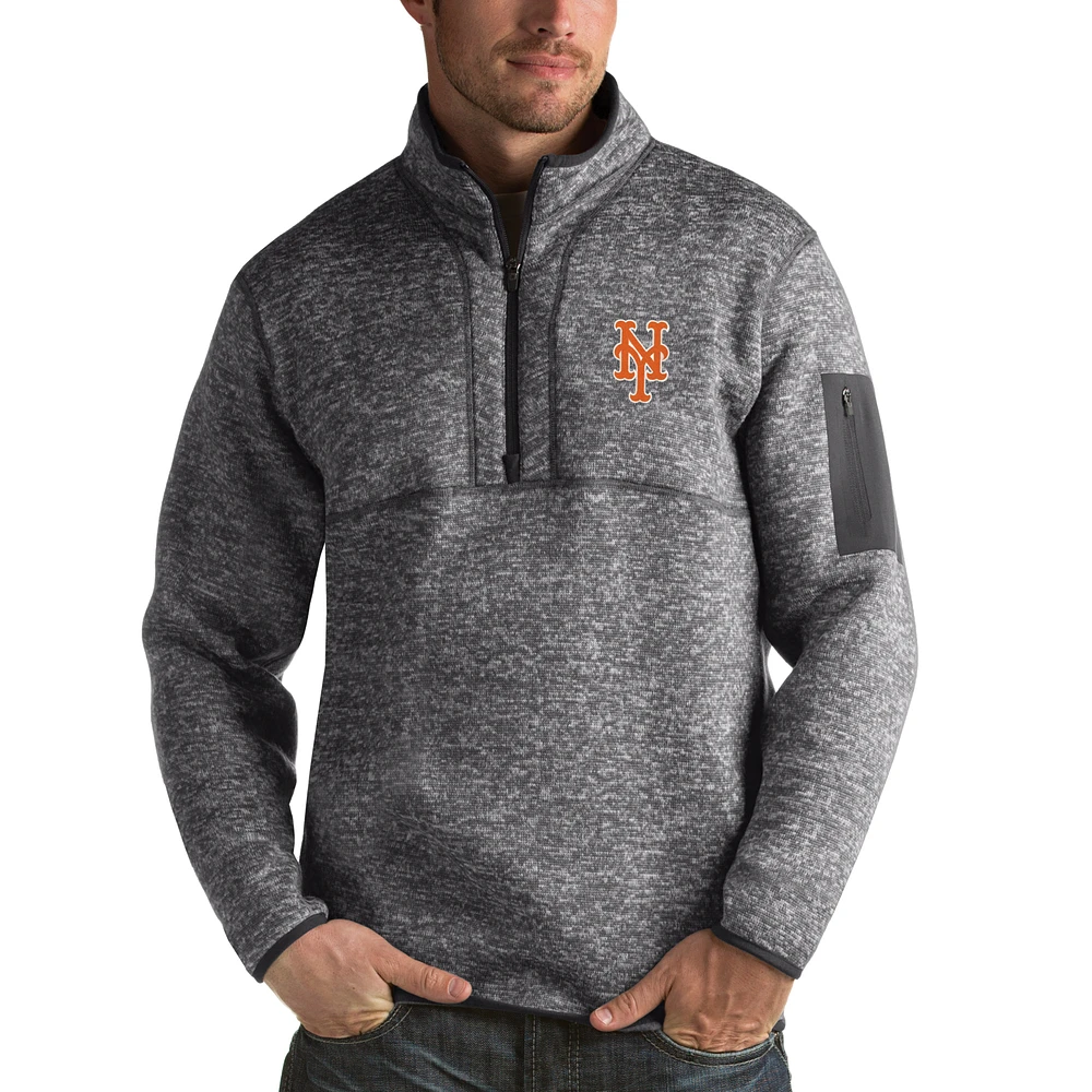 Men's Antigua Heathered Charcoal New York Mets Fortune Half-Zip Sweater