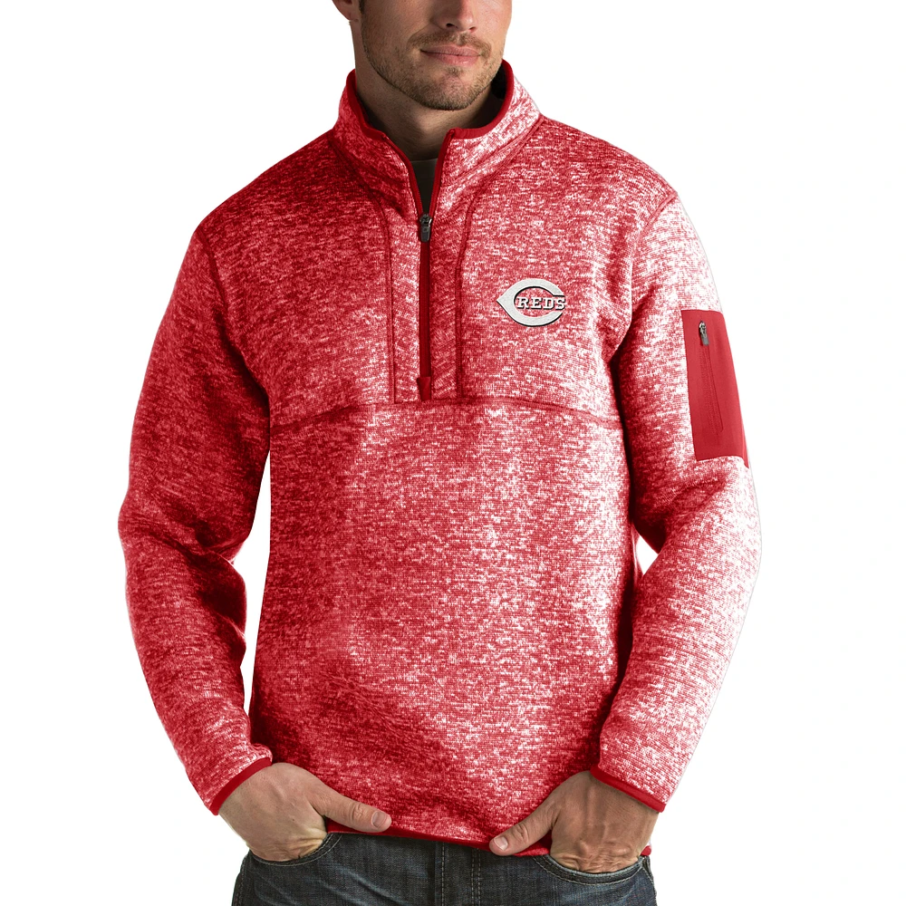 Men's Antigua Heathered Red Cincinnati Reds Fortune Half-Zip Sweater