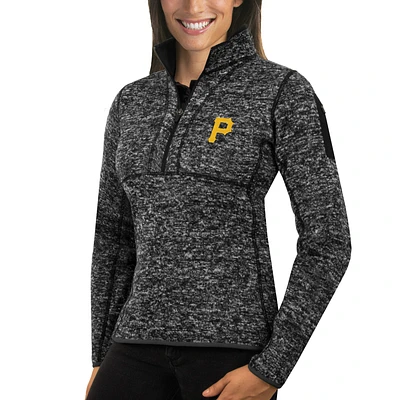 Women's Antigua Heathered Black Pittsburgh Pirates Fortune Half-Zip Pullover Sweater