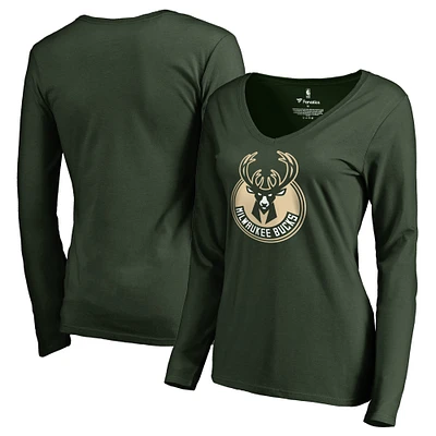 Women's Green Milwaukee Bucks Primary Logo V-Neck Long Sleeve T-Shirt